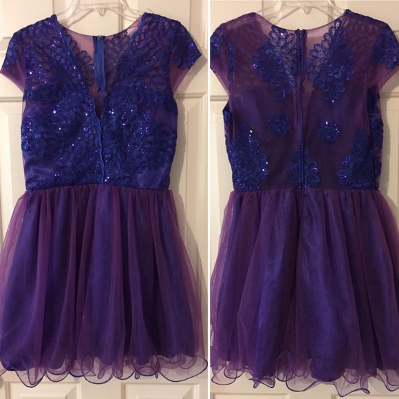 Lace Bodice Sequin Embellished Tulle Party Dress in Blue/Purple - Picture 1 of 13